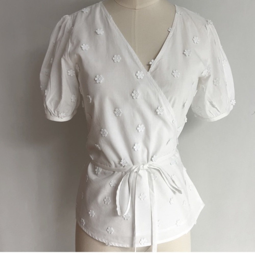 Ann Taylor White Floral Wrap Blouse